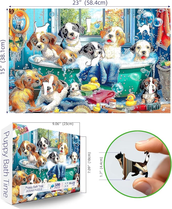 MINIWAN 500 Piece Puzzles for Adults - Playful Bath Time Puppies Jigsaw Puzzle, 23x15 Inches with Unique Irregular Shaped Pieces for Relaxation & Home Wall Decor
