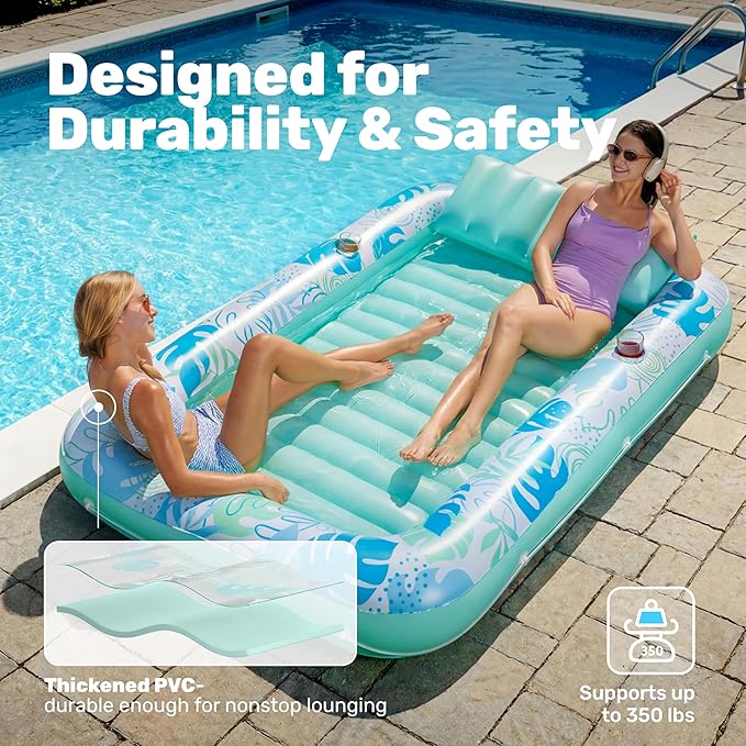 SLOOSH Inflatable Tanning Pool Lounger Float,85" x 57" Extra Large Pool Floats Adult with Pillow,4 in 1 Suntan Tub Raft Floatie,Sunbathing Bed Lounge Blow Up Ball Pit Party Gifts,XL-Cyan White