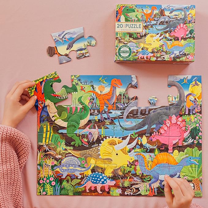 eeBoo 20 Piece Jigsaw Puzzle - Dinosaur Land Children's Puzzle Prehistoric Themed, Large Pieces for Small Hands to Develop Motor Skills