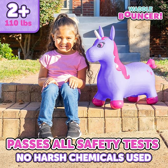 Waddle Bouncy Animal Hopper - Inflatable Hopping Animals, Indoors and Outdoors Fun, Pump Included, Riding Toys for Boys and Girls Ages 2 Years and Up, Purple Pink Unicorn