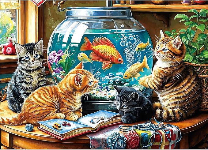 Kittens Watching Goldfish 1000 Piece Puzzle for Adults - Fish Tank Cats Jigsaw Puzzles 1000 Pieces, Unique Home Decor Art, Challenging Fun Games for Adults & Family Game Night Gift
