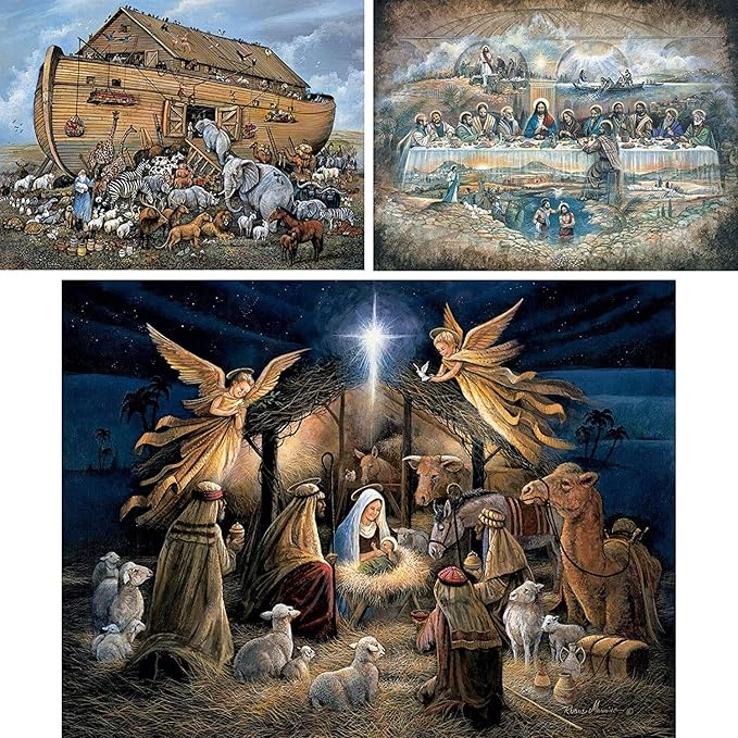 Bits and Pieces – Value Set of Three 1000 Piece Jigsaw Puzzles for Adults – Last Supper, Noah's Ark, in The Manger by Artist Ruane Manning, Completed Puzzle Size: 20" x 27"