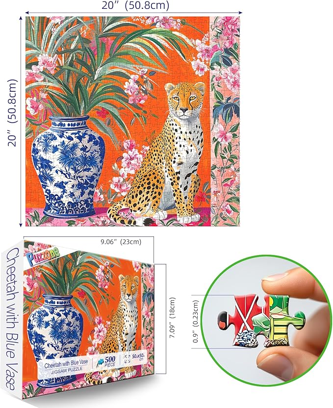 Jigsaw Puzzle for Adults 500 Piece, Cheetah with Blue Vase Art Design Square Puzzles for Adults, Family, Party Game, Finished Size 20 x 20 Inches