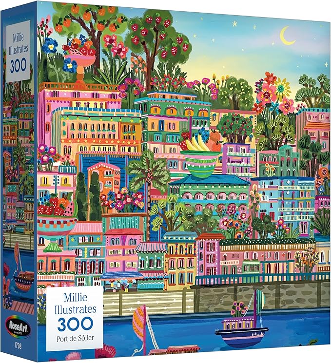 RoseArt - Millie Illustrates - Port De Soller Majorca, Spain - 300 Piece Jigsaw Puzzle, Mediterranean Port Scene