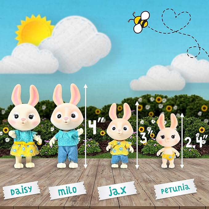 Honey Bee Acres The McScampers Rabbit Family, 4 Mini Flocked Doll Play Figures, Bunny Collectibles, Pretend Play Toys for Kids, Valentines, Easter Basket, Birthday Gift for Girls 3+