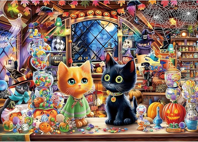 Halloween Puzzle for Adults 1000 Pieces, Cat and Witch Magic Shop Jigsaw Puzzle with Letters on Back with Pumpkin Candy Spooky Decor for Halloween Party, Family Night (27.5" x 19.7")