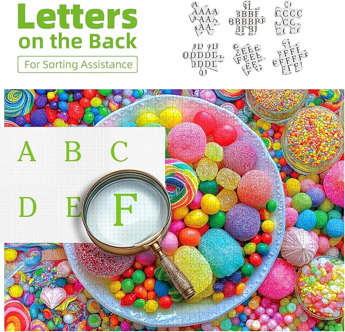 Colorful Candy Sweets 500 Piece Jigsaw Puzzle for Adults Vibrant Rainbow Gummies Candies Delicious Lollipops Desserts Design Puzzles with Letters on Back Fun Family Challenging Puzzle(23''×15'')