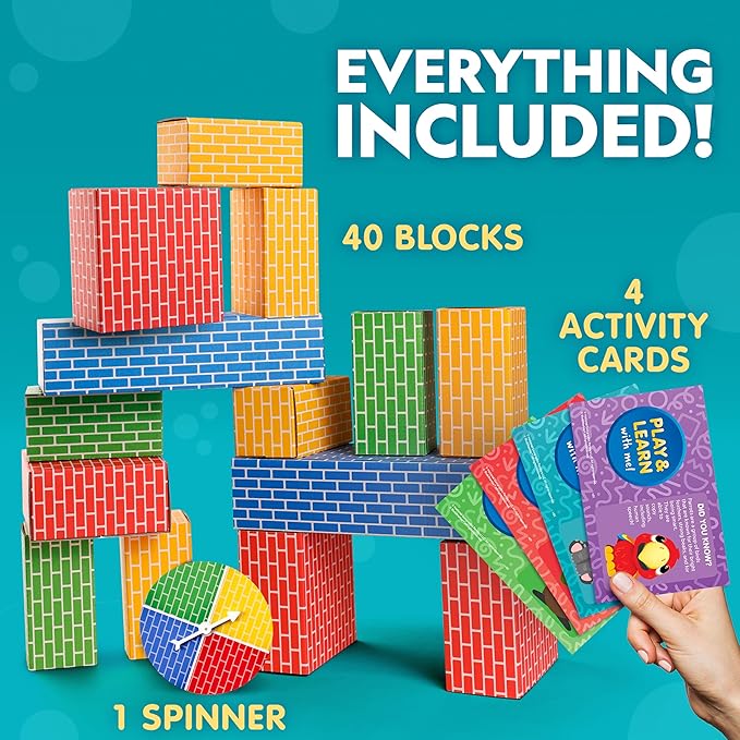 NATIONAL GEOGRAPHIC Kids Jumbo Cardboard Building Blocks – 40 Heavy-Duty Bricks in 3 Sizes, Build & Learn with Game Spinner & Activity Cards for Kids 3+, Indoor Play Construction Toy for STEM Learning