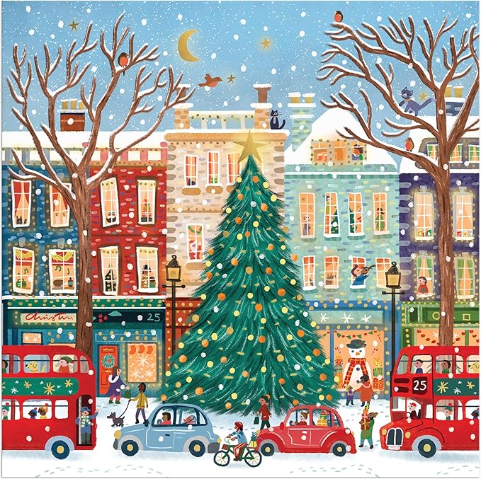 Galison Tinsel City – 500 Piece Foil Jigsaw Puzzle Featuring Charming Artwork of Decorated Christmas Tinsel City Streets