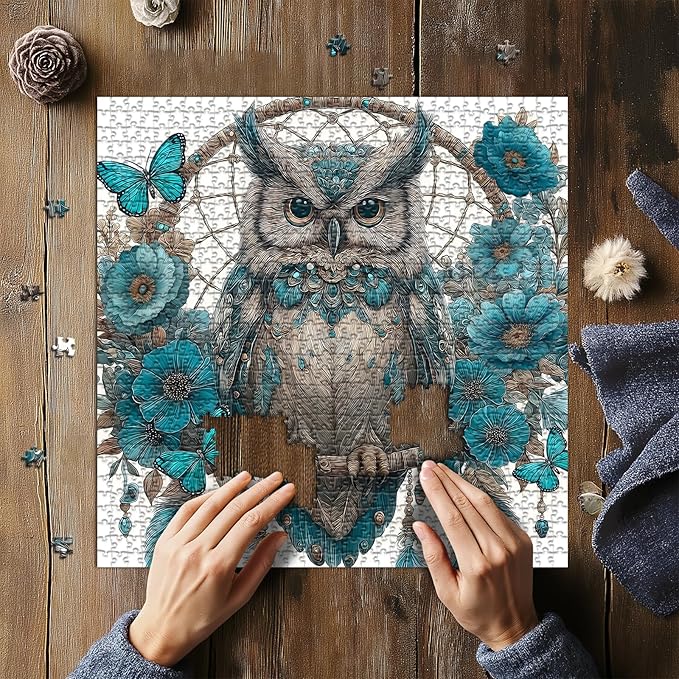 Owl Puzzles Adults 1000 Pieces, PICKFORU Owl Dreamcatcher Jigsaw Puzzle Floral Art Puzzles, Blue Butterfly Flower Animal Puzzle Adults Challenge