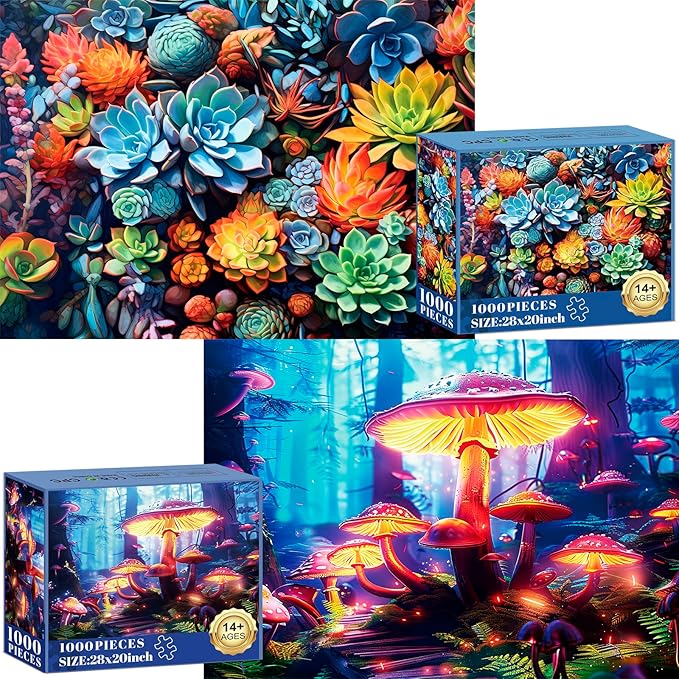 2 Pack Puzzles for Adults 1000 Pieces-Succulents and Mushrooms Difficult Jigsaw Puzzles for Adults,Hard Jigsaw Puzzle Decorations DIY Leisure Game Toy Suitable Family Friends(27.5x20 inches)
