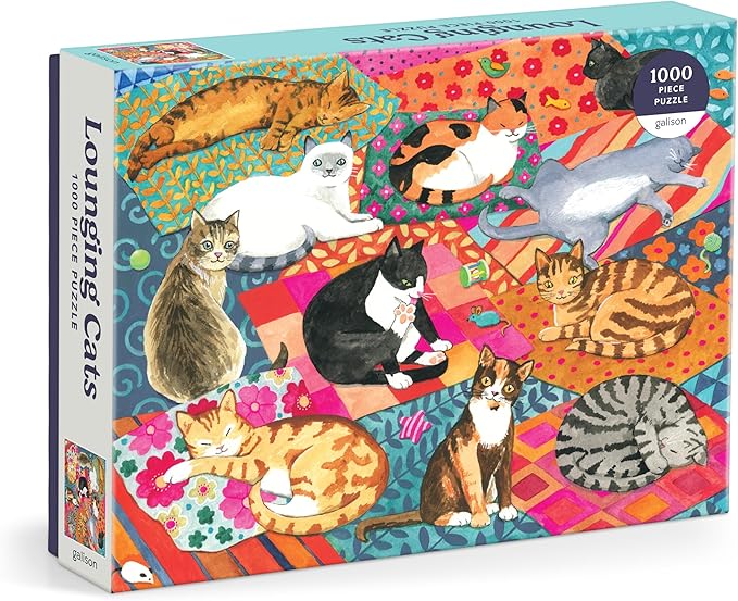 Galison Lounging Cats – 1000 Piece Jigsaw Puzzle Featuring Beautiful Artwork of A Variety of Feline Friends Lounging On Colorful Quilts