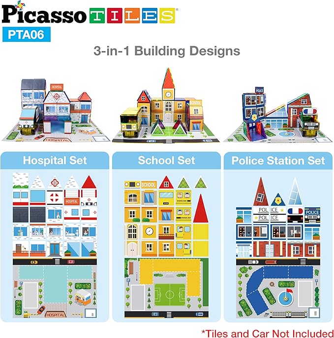 PicassoTiles 80pc School, Hospital, Police Station 3-in-1 Theme Magnet Self Adhesive Backing Stick-On Puzzle Graphic Kit and Overlay Maps for Magnetic Building Blocks STEM Learning Construction Toy
