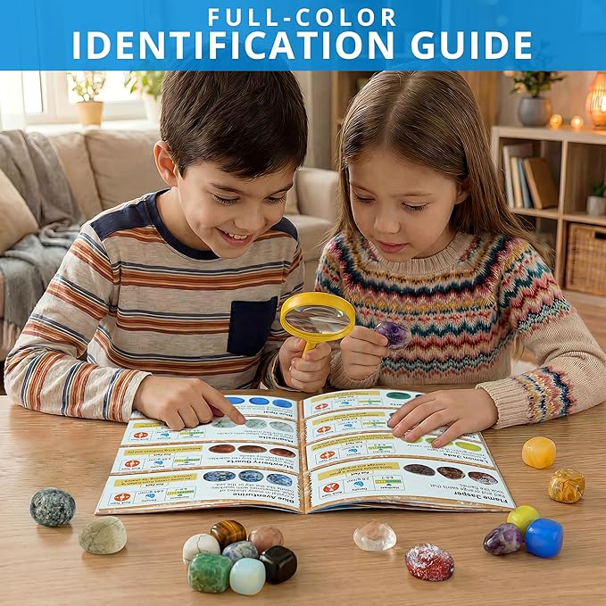 PIBEX Gemstone Collection - 16 PCS Polished Gems & Crystals (1-Inch / 2-3 cm), STEM Geology Kit with Guidebook, 54 ID Cards & Transparent Display Case, Rock Science Gift for Kids Ages 6+