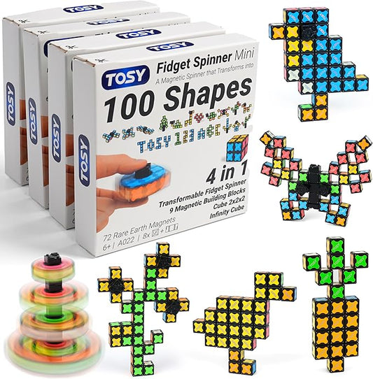 TOSY Magnet Fidget Spinner Mini - 8 Blocks, 3in1 Toy: Transformable Fidget Spinner, Infinity Cube, 2x2 Puzzle Cube, Easter Basket Stuffers Gift for Kids/Adult, STEM Sensory Stress Relief Toy, 4-Pack