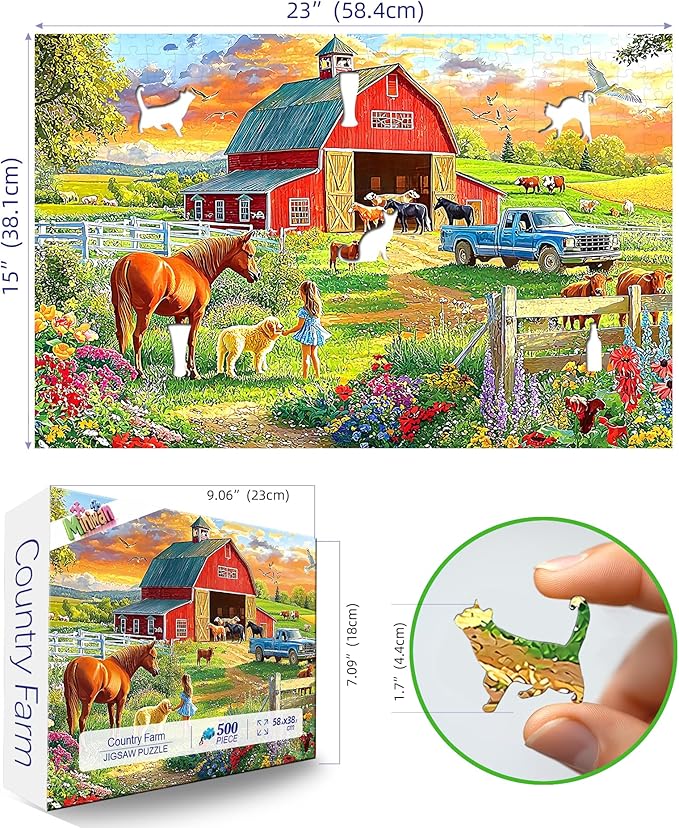 Country Farm Life 500 Piece Adult Jigsaw Puzzle Red Barn & Horse Sunset Countryside Landscape Puzzle with Letters on Back Family Challenge Games Gift for Adults and Seniors(23x15 Inch)