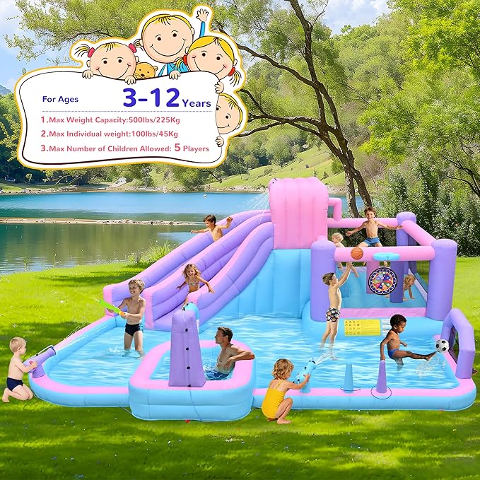 10-in-1 Inflatable Water Slide for Kids Giant 19.3Ft x 16.6Ft Backyard Water Park with Dual Slides, Deep Pool, Outdoor Bounce House Water Slide with Sports Zone, Includes 850W Blower