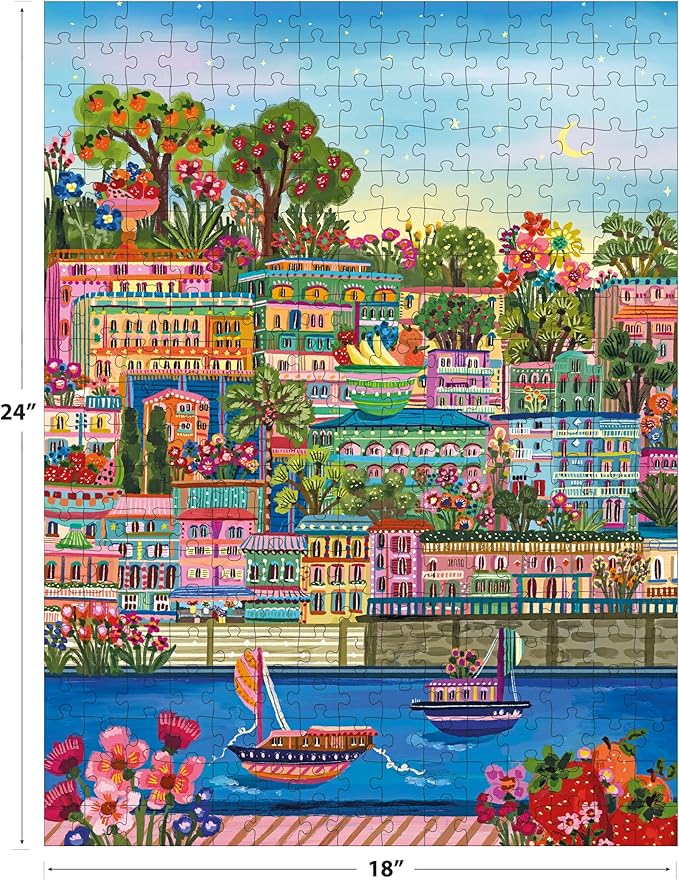 RoseArt - Millie Illustrates - Port De Soller Majorca, Spain - 300 Piece Jigsaw Puzzle, Mediterranean Port Scene