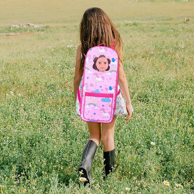 18 Inch Doll Storage Bag - 5PCS Unicorn Theme 18In Doll Accessories Set with Rainbow Dress, Hair Clip, Camera, Stickers & Fashion 18 Inch Dolls Carrier Bag | Perfect for 18" Dolls