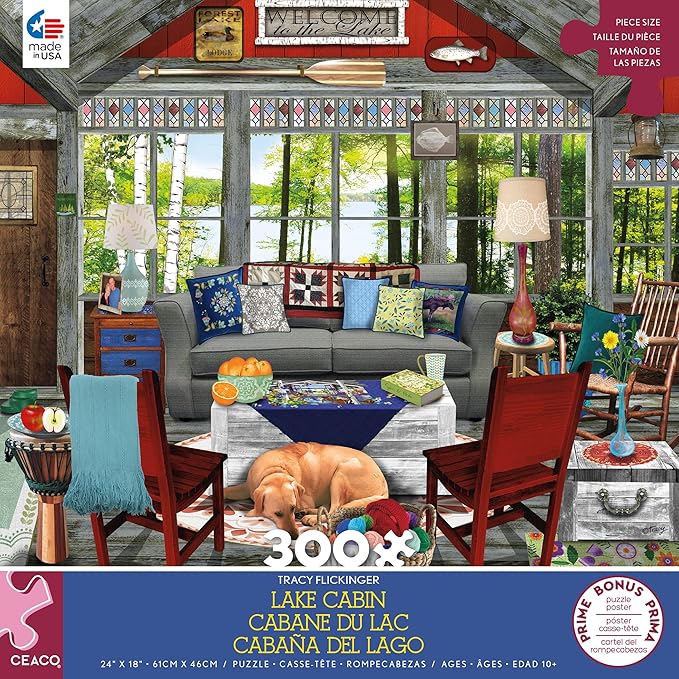 Ceaco - Tracy Flickinger - Lake Cabin - Oversized 300 Piece Jigsaw Puzzle, 24 x 18