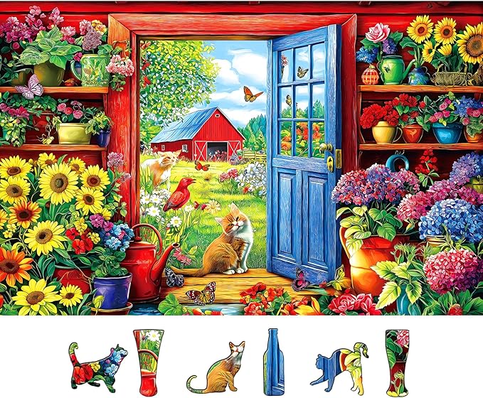 MINIWAN 500 Piece Puzzles for Adults - Farm Cat Sunflower Jigsaw Puzzle, 23x15 Inches with Unique Irregular Shaped Pieces for Relaxation & Home Wall Decor