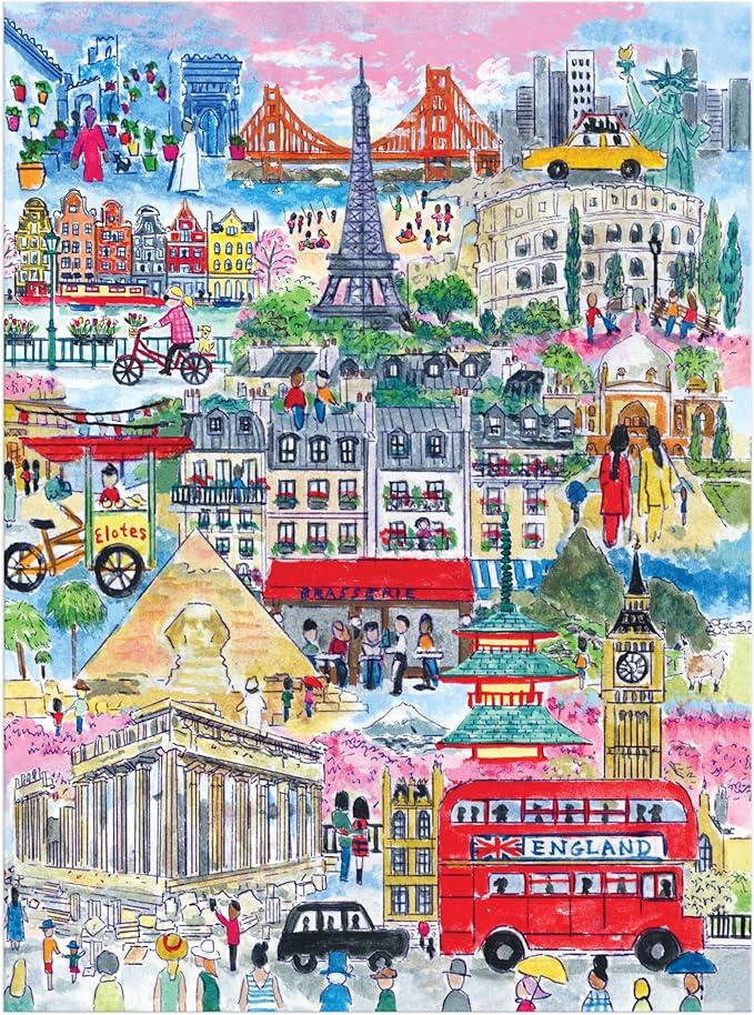Galison Cities Around The World – 1000 Piece Michael Storrings Jigsaw Puzzle Featuring Beautiful Artwork of Famous World Landmarks