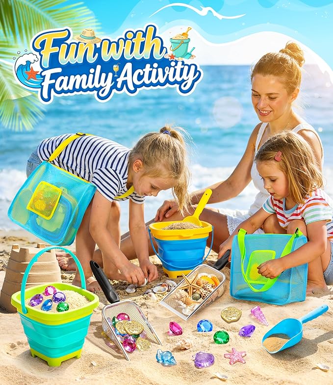 DISHIO Beach Toys for Kids, 25 Pcs Metal Sand Sifter & Collapsible Beach Buckets Set, Stainless Steel Sand Shovel, Sandcastle Building Kit with Mesh Bag, Travel Sand Toys for Toddlers Age 3-10