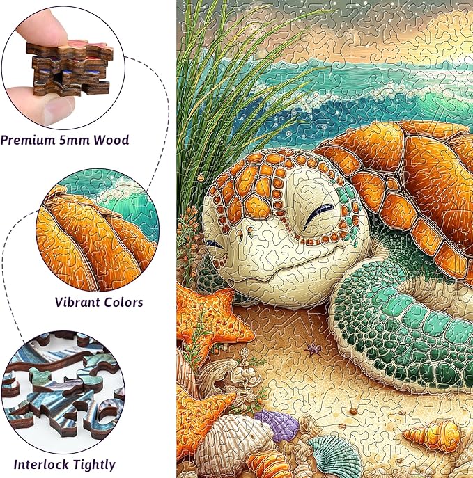 330 Piece Sleepy Sea Turtle Wooden Jigsaw Puzzle for Adults - 13’’ Coastal Beach Scene Puzzle, Unique Animal Shape Wood Cut Puzzles Gift for Ocean & Nature Lovers (Sea Turtle)