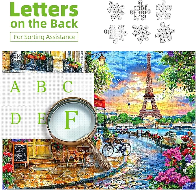 Paris Street 500 Piece Jigsaw Puzzle for Adults & Seniors, Eiffel Tower Cafe Scene Sunset, Romantic Parisian Landscape Travel Art, Family Puzzle with Letters on Back(23" x 15")