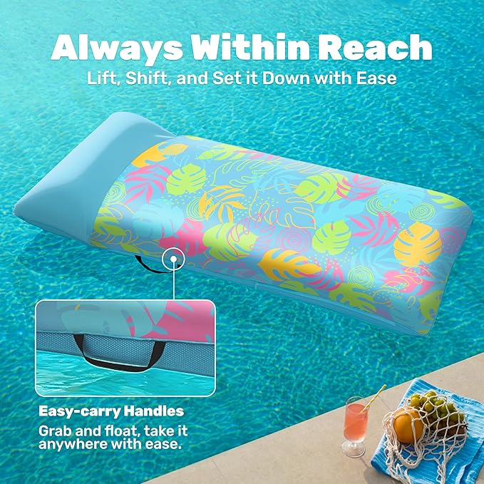 SLOOSH Inflatable Pool Floats Lounger - XL Fabric Covered Pool Mat Floaties for Adults, Ultra Comfort Water Floating Lounger with Headrest for Beach Lake Swimming Pool Float Raft 68"X34"
