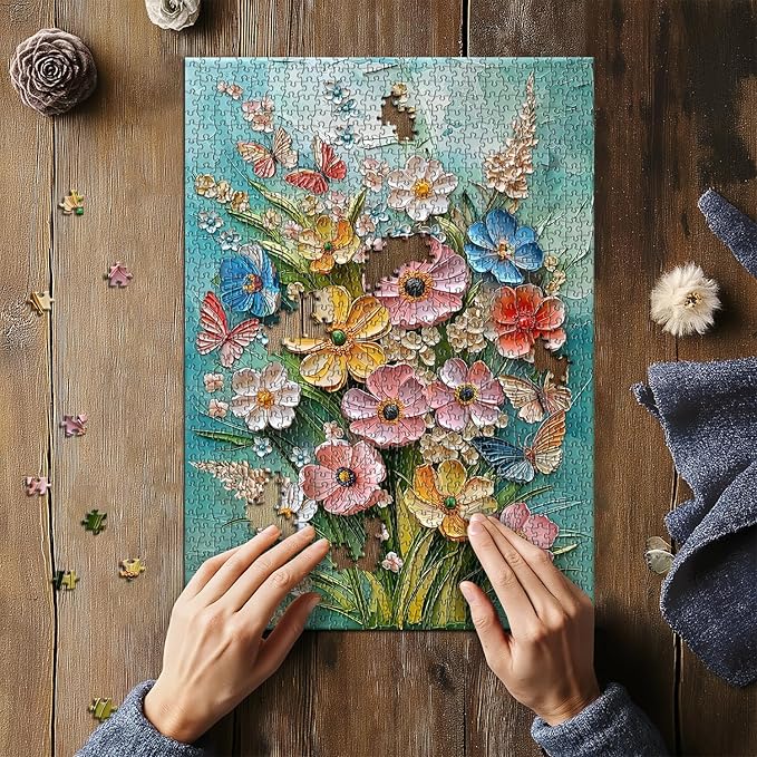 Flower Puzzles for Adults 1000 Pieces, Spring Plant Floral Jigsaw Puzzle, Butterfly Garden Wildflower Art Puzzle Painting