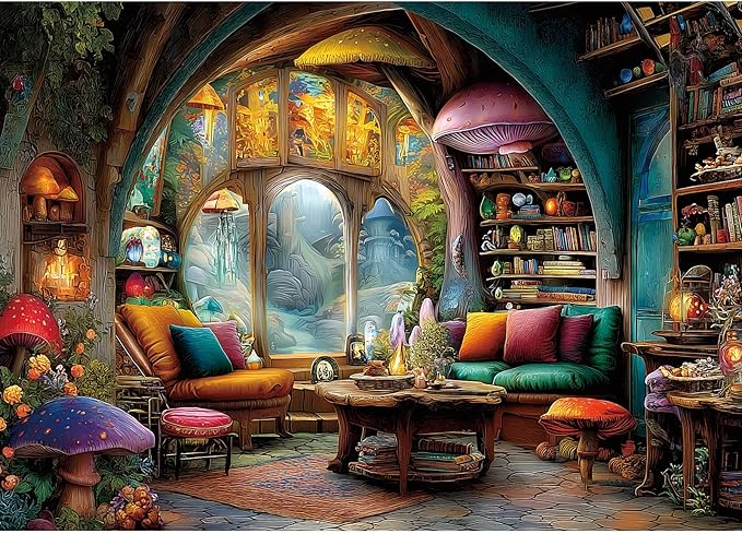 MINIWAN Cozy Dark Cottagecore Mushroom Fairy House Living Room Puzzles for Adults 1000 Pieces, Enchanted Treehouse Interior Jigsaw Puzzle, Gift for Fantasy Cottage Lovers 27.5x19.7 Inch