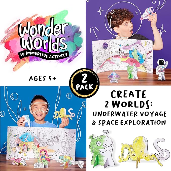 Creativity for Kids Wonder Worlds 3D Coloring Craft Kit 2 Pack: Outer Space and Underwater Voyage - Gifts for Boys and Girls (Ages 5+)