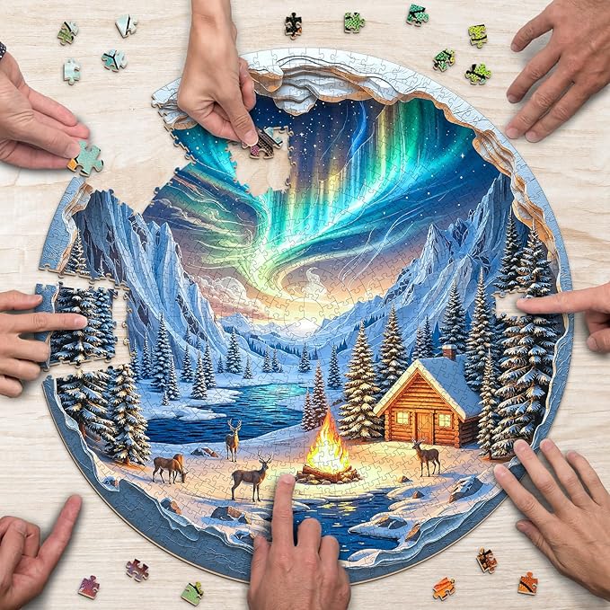 Northern Lights Puzzles for Adults 1000 Pieces, Winter Snow Scene Cabin Bonfire Jigsaw Puzzles 1000 Pieces for Adults, Fun Puzzles with Letters On Back, Challenging Game Toys (26.5 * 26.5in)