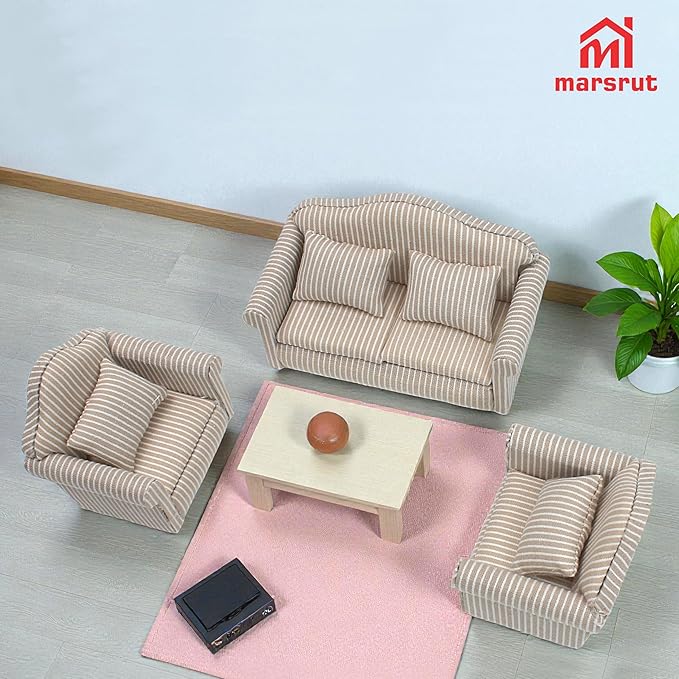 3pcs Dollhouse Couch, 1/12 Scale Living Room Furniture Accessory, Timeless Classic Miniature Double & Single Couch with Pillow, Upholstered Sofa Armchair Set Accessories for Bedroom Sectional Décor