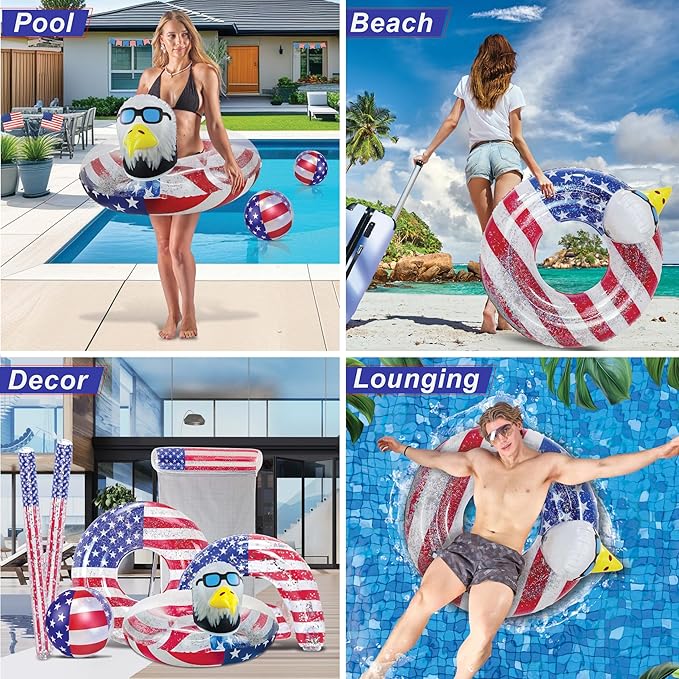 POZA Inflatable USA Pool Float - Luxurious Fun Lounger Filled with Sparkle Silver Stars Confetti, Cool USA Flag Design Water Swimming Pool Floaties for Beach, Lake & Pool