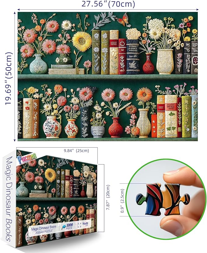 Wildflower Pages Puzzles for Adults 1000 Pieces, Vintage Embroidered Plant Flower Vase Bookshelf Art Jigsaw Puzzle, Gifts for Book Lovers and Garden Enthusiasts (27.5"x19.7")