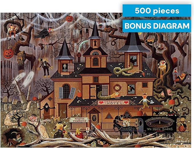 Buffalo Games - Trick or Treat Hotel - 500 Piece Puzzle for Adults - Charles Wysocki Fall Jigsaw Puzzles - Challenging Halloween Scene with Poster – 500 Vibrant Pieces for Autumn