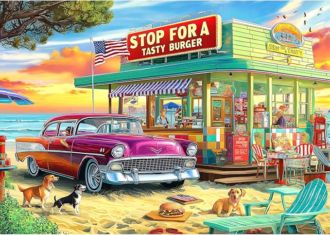 Blueforest Vintage Beach Hamburger Store 1000 Piece Puzzle for Adults & Teens - Challenging Retro Diner Jigsaw with Coastal Decor