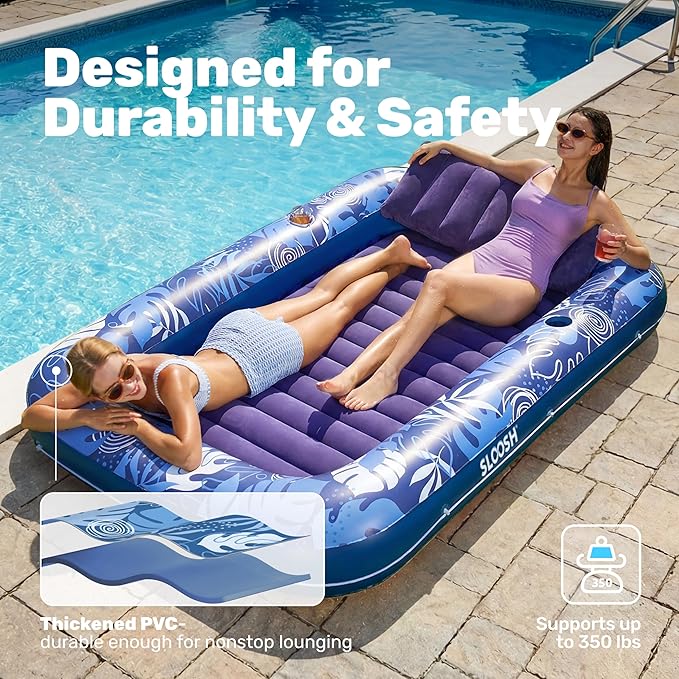 SLOOSH Inflatable Tanning Pool Lounger Float, 85" x 57" Extra Large Pool Floats Adult with Pillow, 4 in 1 Suntan Tub Raft Floatie,Sunbathing Bed Lounge for Water Blow Up Ball Pit, XL-Dark Blue