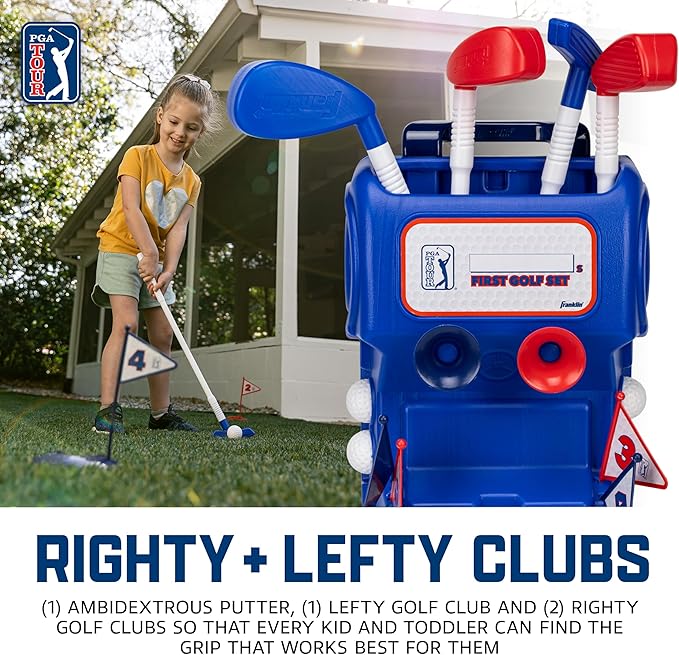 Franklin Sports Kids Toy Golf Set - PGA Tour MyFirst Plastic Golf Clubs + Balls Set for Kids + Toddlers - Mini Toy Righty + Lefty Clubs - Includes Carry Case, (2) Tees, (4) Balls, (4) Holes with Flags