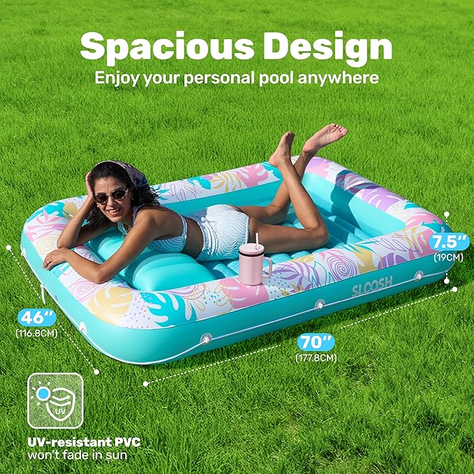 SLOOSH Inflatable Tanning Pool Lounger Float, 70" x 46" Pool Floats Adult with Pillow, 4 in 1 Suntan Tub Raft Floatie,Sunbathing Bed Lounge for Water Blow Up Ball Pit Party Gifts, L-Tropical Blue
