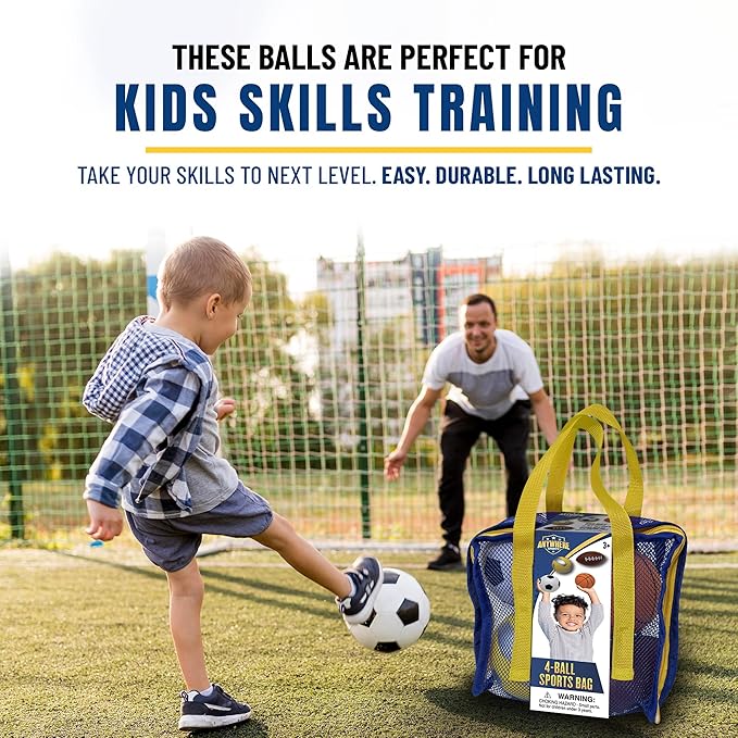 Nature Bound Mini 4-Ball Sports Bag - Soft Foam Balls Set for Kids - Basketball, Soccer, Volleyball, Football - Safe Indoor and Outdoor Play - No Pump Required - Mesh Storage Bag Included