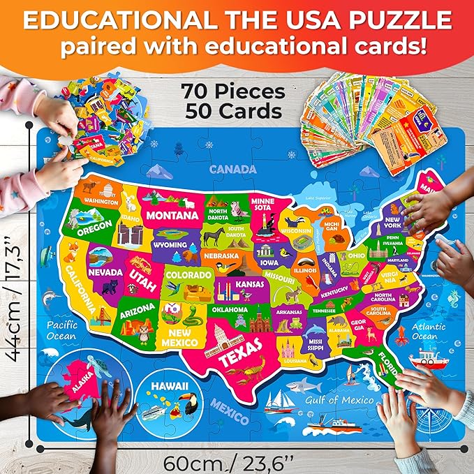 United States Puzzles for Kids Ages 4-6 - 70 Pcs USA Map Kids Puzzle with 50 Cards 400+ USA Facts - State & Capitals Floor Jigsaw Puzzles for Children 6-8 - Educational Toys Gift for Boys Girls