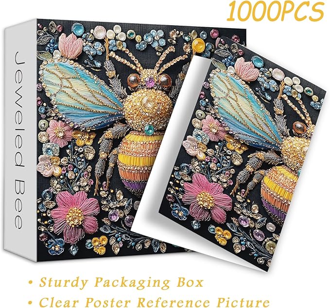 PICKFORU Jeweled Bee Jigsaw Puzzles 1000 Pieces, Diamonds Bumblebee Puzzles for Adults, Challenging Impossible Flowers Art Jigsaw Puzzle