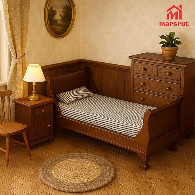1:12 Scale Doll House Miniature Single Bed with Bedding Fabric & Pillow, Wooden Vintage Victorian European Style Bedroom Furniture Decor Christmas Accessories, Mini Sleigh Bed for 6 Inch Dolls