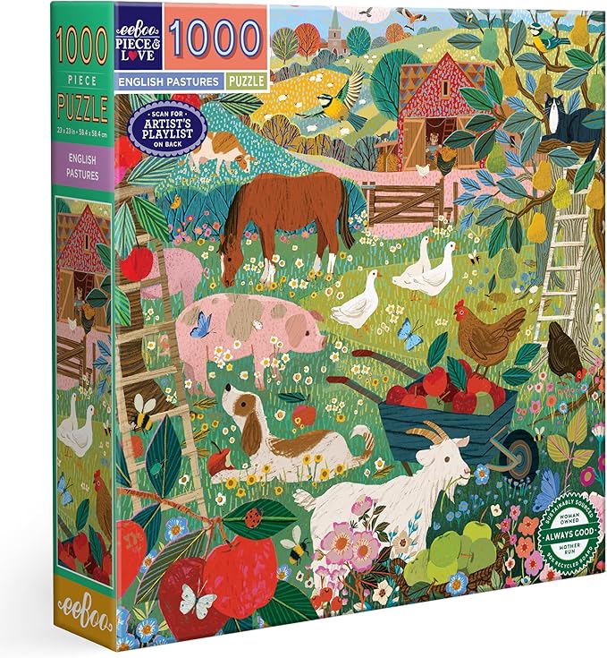 eeBoo 1000 Piece Puzzle - English Pastures Jigsaw Puzzle for Adults, Square 23" x 23" Made with Recycled Board & Vegetable-Based Ink