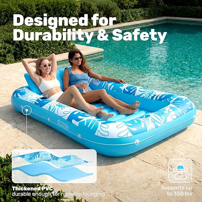 SLOOSH Inflatable Tanning Pool Lounger Float, 85" x 57" Extra Large Pool Floats Adult with Pillow, 4 in 1 Suntan Tub Raft Floatie,Sunbathing Bed Lounge for Water Blow Up Ball Pit Party Gifts, XL-Blue
