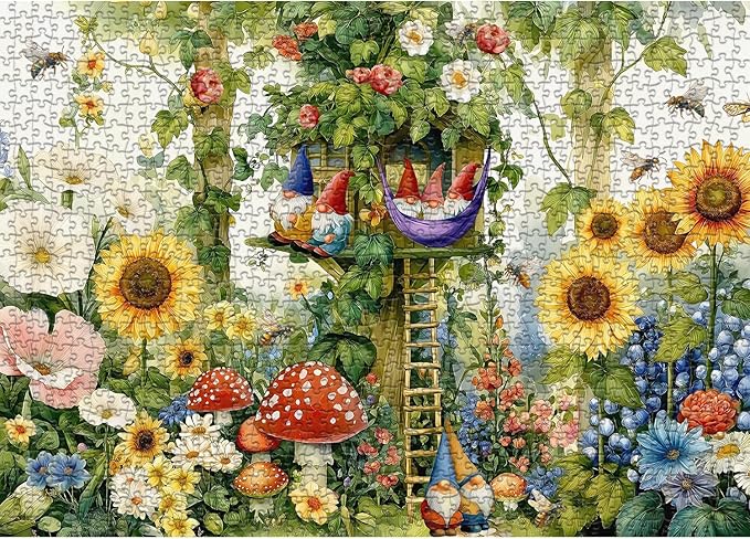 Garden Gnomes Puzzles for Adults 1000 Pieces, Sunflower Plant Bee Themed Jigsaw Puzzles, Nature Treehouse Puzzle with Flower, Funny Gnomes Floral Mushroom Wall Art