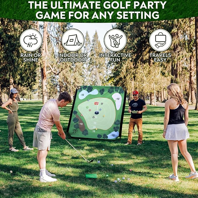 Sticky Golf Chipping Game Set - 6x6 ft Metal Frame with 2 Adjustable Clubs, 25 Sticky Balls, Turf Chipping Mat & Scoreboard - Backyard Golf Target Game for All Ages for Indoor/Outdoor Practice